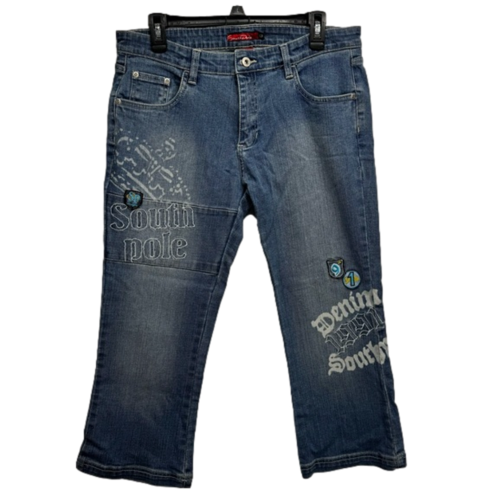 South Pole Y2K Cropped Jeans Embellished Patched Graffiti Denim Cropped Grunge